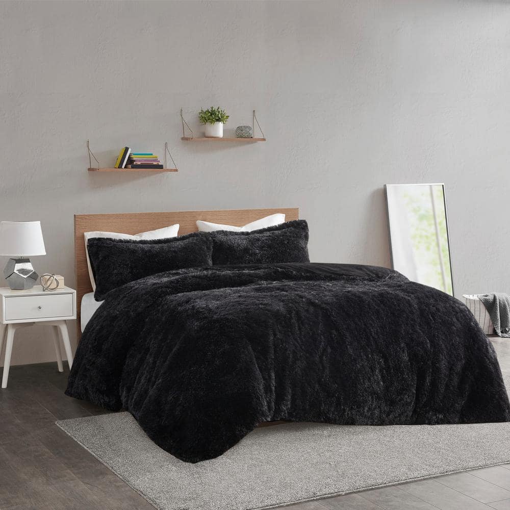 King Black Shaggy Faux Fur Duvet Cover Set