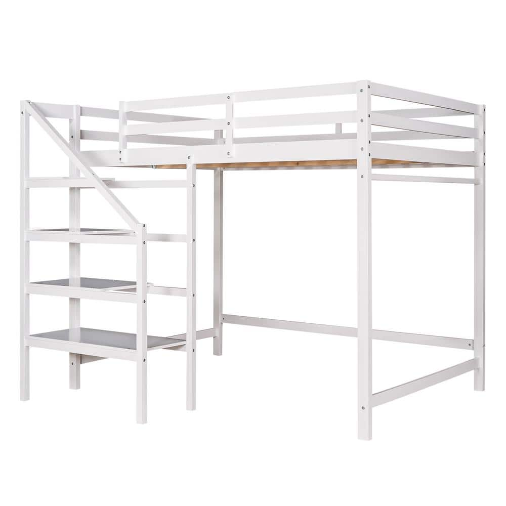 Polibi White Full Size Loft Bed with Built-in Storage Staircase and ...