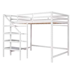 White Full Size Loft Bed with Built-in Storage Staircase and Hanger for Clothes
