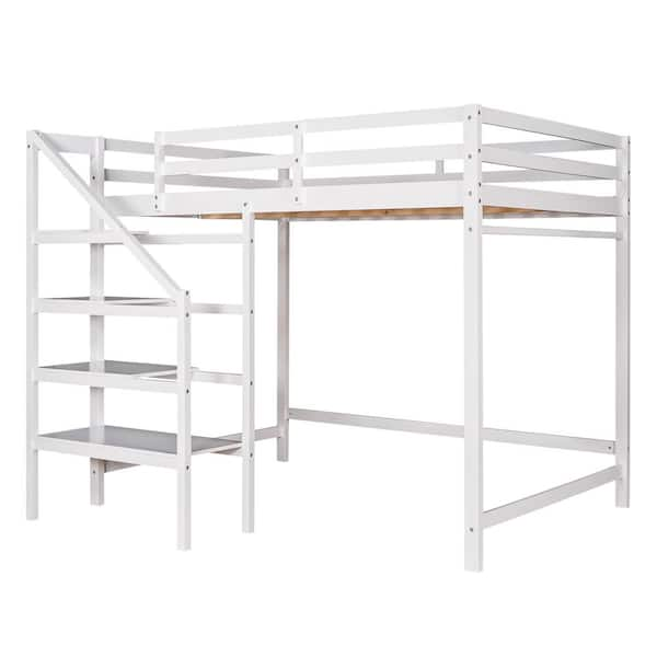 Polibi White Full Size Loft Bed with Built-in Storage Staircase and ...