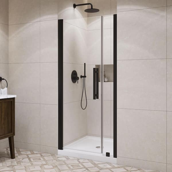 OVE Decors Pasadena 36 in. L x 36 in. W x 72.01 in. H Alcove Shower Kit with Pivot Frameless Door in Black and Shower Pan