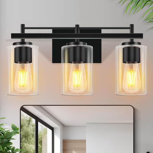 GMGSROM 17.32 in. 3-Light Matte Black Modern Vanity Light with Clear Glass Shade