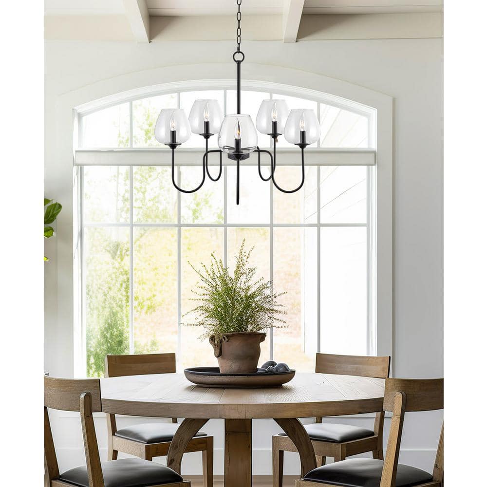 Black 5-Light Modern Chandelier with Clear Glass Shades