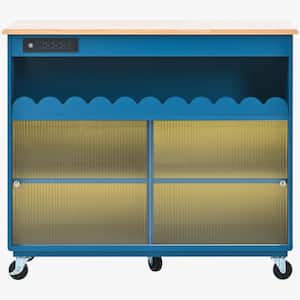 LED Light Navy Blue Kitchen Cart with Drop-Leaf Tabletop, Power Outlets, 2-Sliding Fluted Glass Doors, Open Shelf