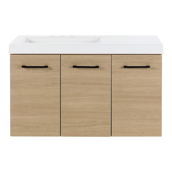 Stella 37 in. Single Sink Beige Oak Floating Bath Vanity with White Cultured Marble Top (Assembled)