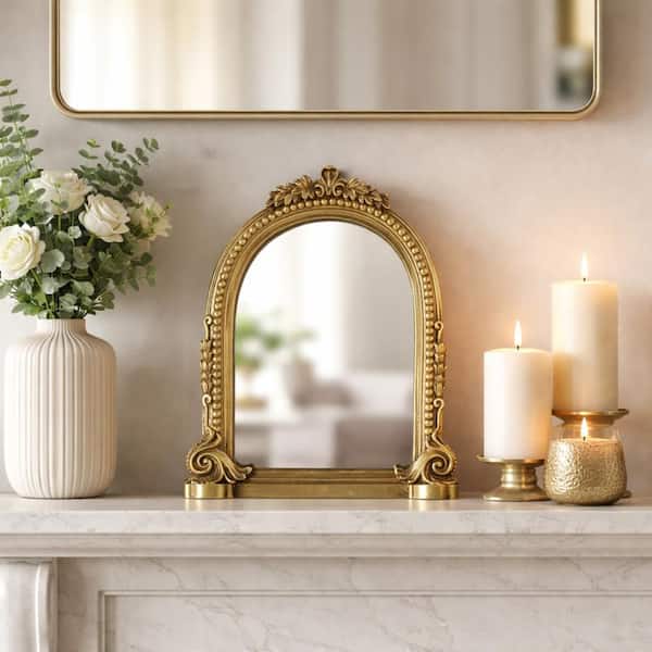 Gold 7 in. x 8.75 in. Boho Arch Resin Framed Decorative Table Top Mirror