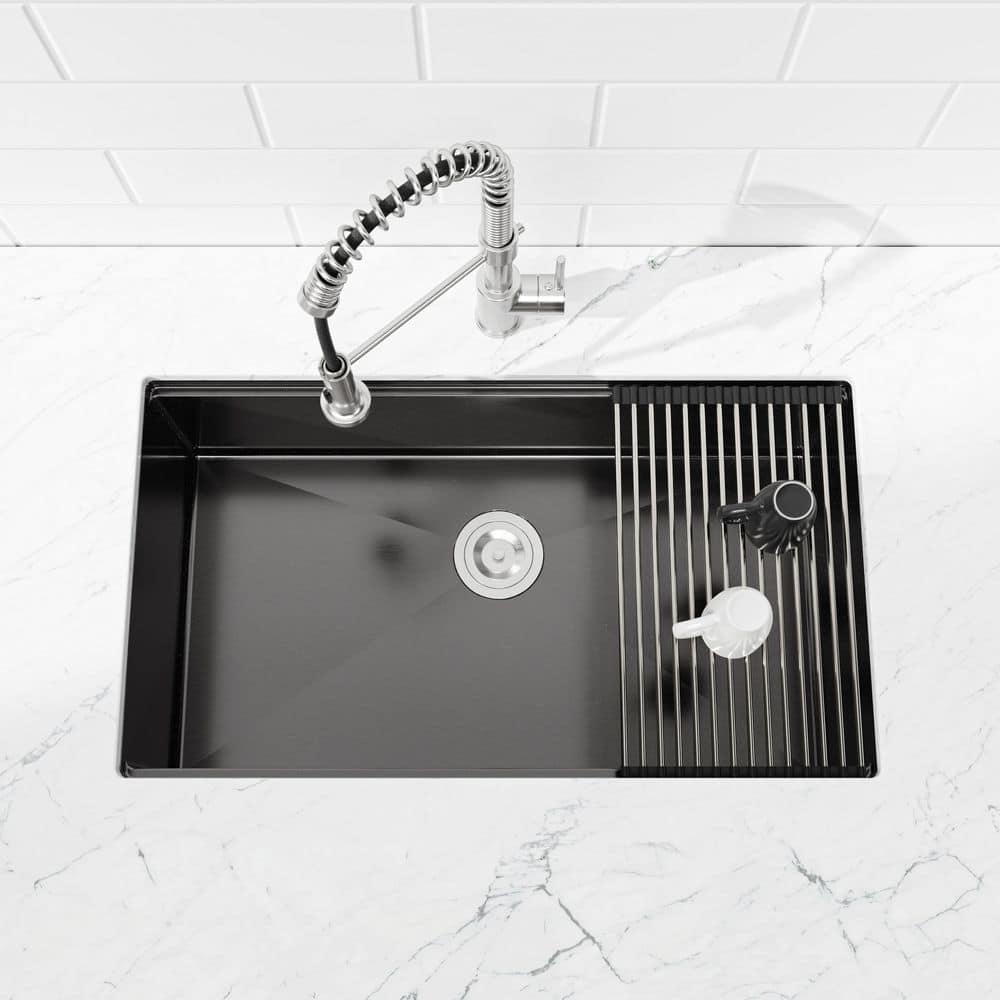 30 in. Undermount Single Bowl Matte Black Stainless Steel Kitchen Workstati