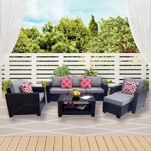 7-Piece Modern Waterproof PE Rattan Wicker Patio Conversation Set, Sturdy Metal Frame with Coffee Table & Gray Cushions