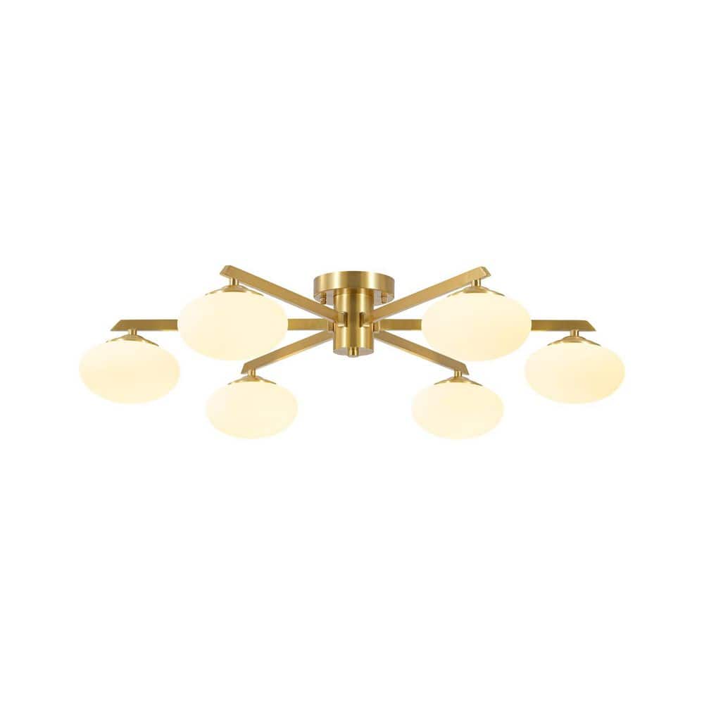 Lumo Orb 31 in. 6-Light Modern Mid-Century Liner Solid Brass Semi-Flush Mount Ceiling Light With Opal Glass Oval Shade price history on PriceWatchPro
