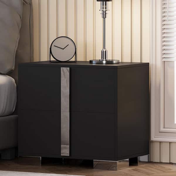 Yvonne Modern Black 2 Drawers 23.25 in. W Nightstand with Metal Legs and Silent Slides