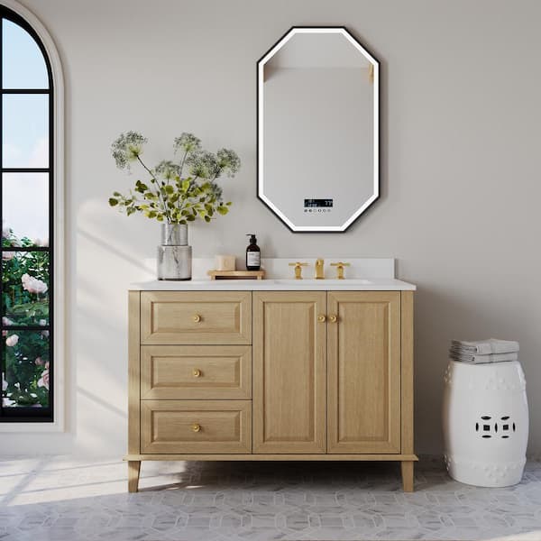 Ancerre Designs Hannah 48 in. W Right Offset Bath Vanity in Oak with White Quartz Top