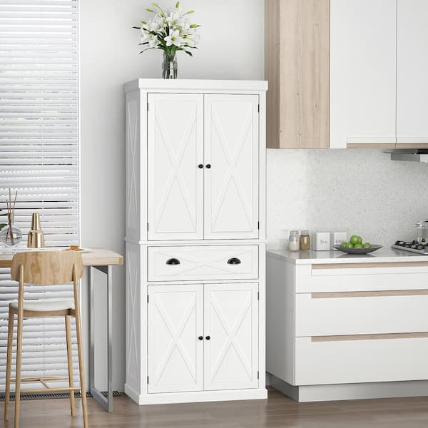 HOMCOM 6-Shelf White Wood Pantry Organizer with Drawer and Adjustable Shelves