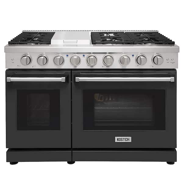 48 in. 6.8 cu. ft. 6 Burners Freestanding Double Oven Gas Range in Stainless Steel with Griddle and Black Oven Door