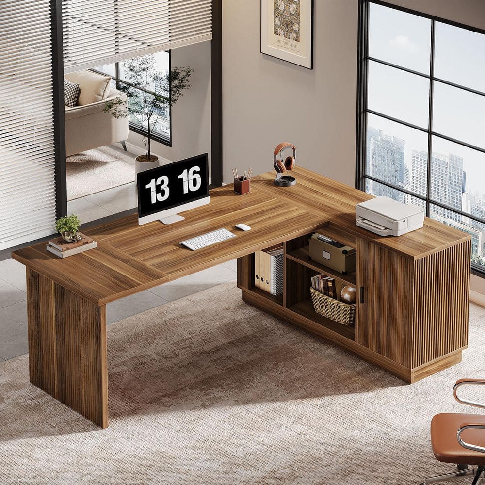 70.8 in. Light Walnut L-Shaped Wood Executive Desk with Storage Shelves, Computer Desk with File Cabinet Home Office