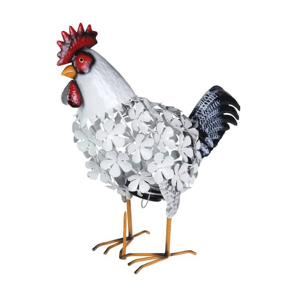 Exhart Solar White Metal Rooster with 43 LEDs in a Flower Body, 17.5 in. x 16 in. Garden Statue