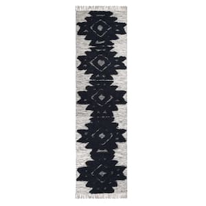 10 ft. Black And Ivory Wool Geometric Flatweave Handmade Stain Resistant Runner Rug with Fringe