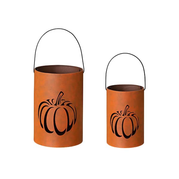 Glitzhome Set of 2 Metal Cutout Pumpkin Bucket, Orange