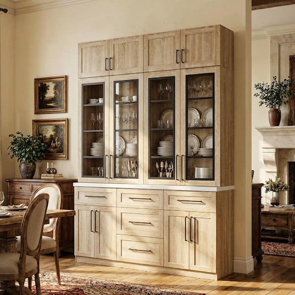 102 in. Tall Natural Wood 12-Shelf Accent Bookcase with Glass Shelves, Adjustable Interior Shelves, 3-Color LED Lighting