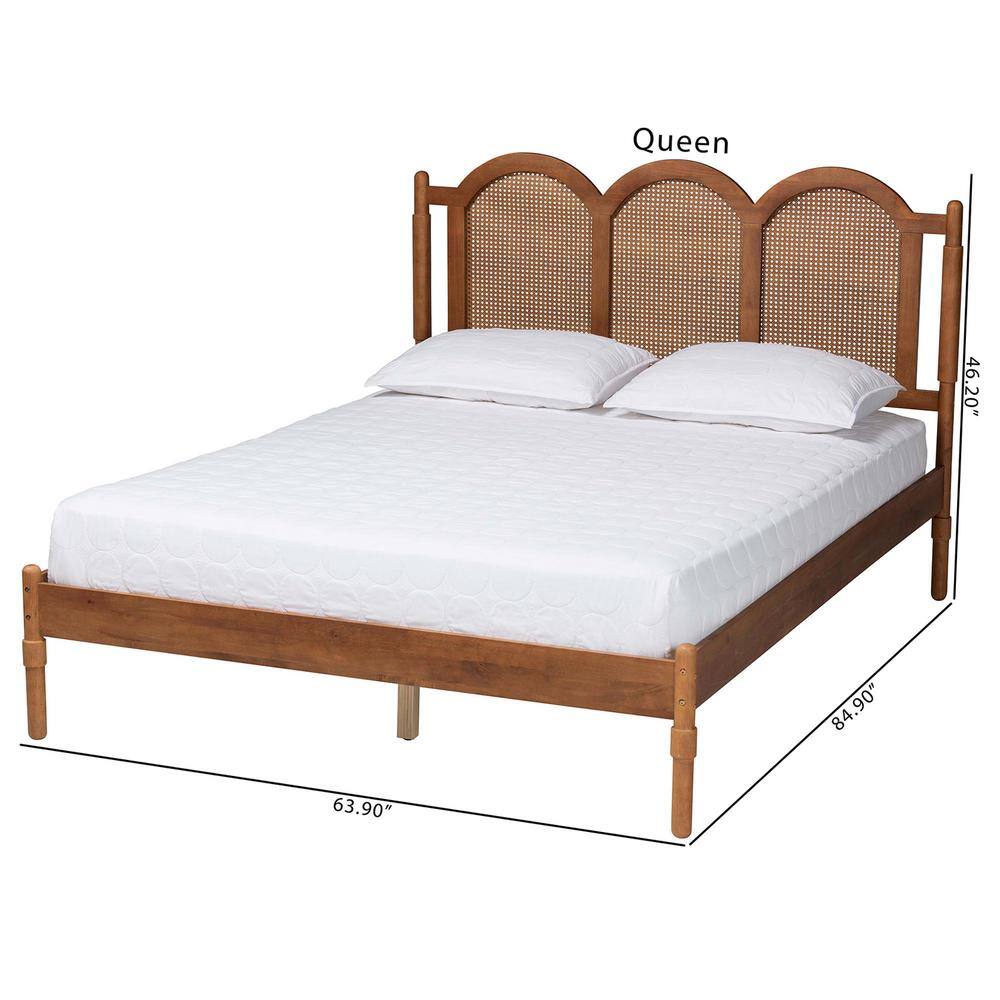 Walnut Brown Wood Queen Platform Bed with Woven Rattan Headboard
