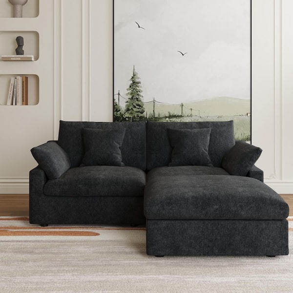 J&E Home 82.6 in. Slope Arm Linen 3-Piece Modular Free Combination Sectional Sofa with Ottoman in Black