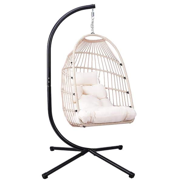 4.5 ft. Outdoor Egg Hanging Free Standing Hammock with Stand and White Cushion in White, Patio Wicker Swing Egg Chair