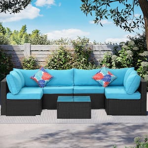 7--Piece Black Wicker Outdoor Patio Sectional Sofa Conversation Set with Blue Cushions and 1 Coffee table