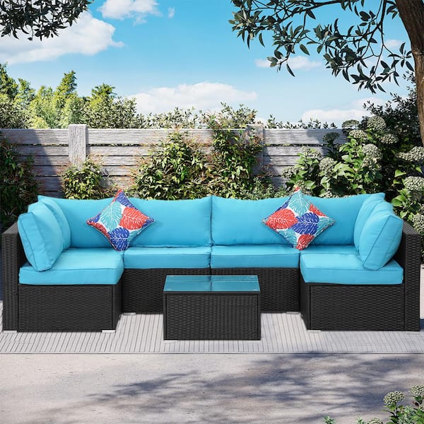 Zeus & Ruta 7--Piece Black Wicker Outdoor Patio Sectional Sofa Conversation Set with Blue Cushions and 1 Coffee table