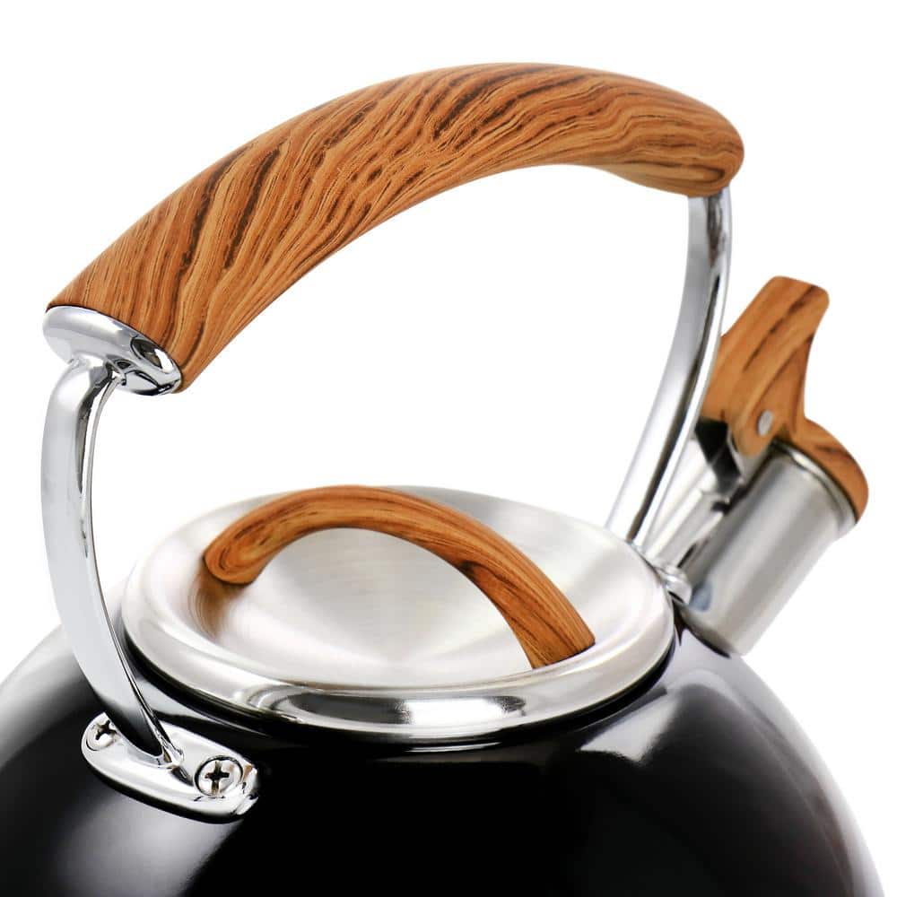 Black Stainless Steel Whistling Tea Kettle with Wood Pattern Handle