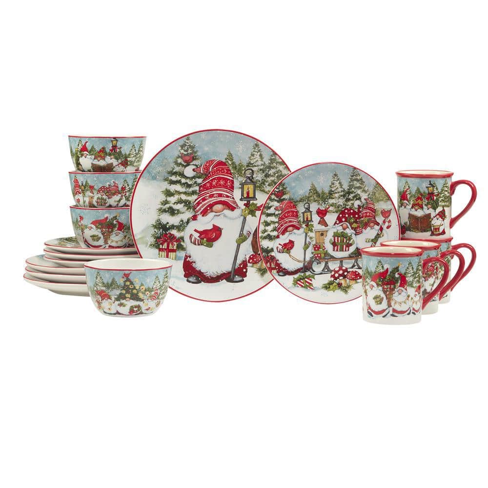 Christmas Gnomes Ceramic Holiday Dinnerware Set, Service for 4