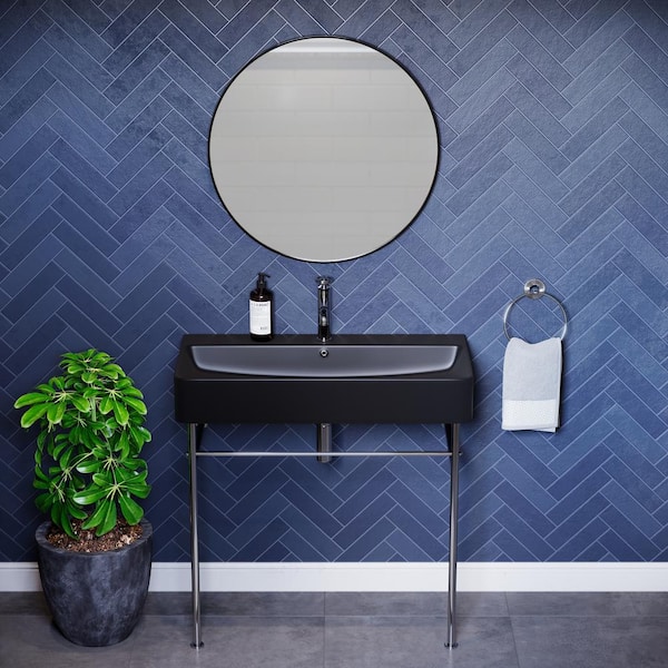 Swiss Madison Carre Ceramic Black Console Sink Basin and Leg Combo with Chrome Legs