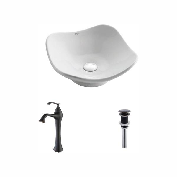 KRAUS Tulip Ceramic Vessel Sink in White with Ventus Faucet in Oil Rubbed Bronze