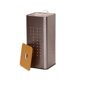 Silver Stainless Steel Laundry Hamper with Wooden Lid and Removable Liner