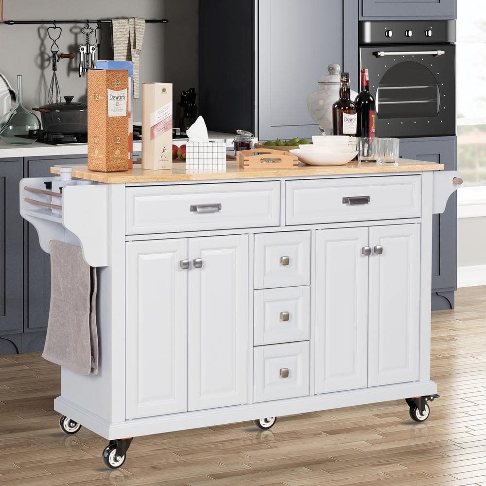White Rubber wood Kitchen Cart with Towel Rack and Spice Rack