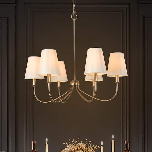 LNC Transitional Plated Brass Linear Chandelier with White Cone Fabric Shades 6-Light Vintage Candlestick Hanging Light