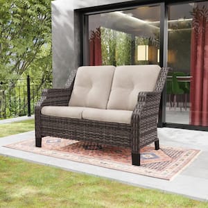 Brown Wicker Outdoor Patio Loveseat 2-Seat Sofa Couch with Beige Cushions