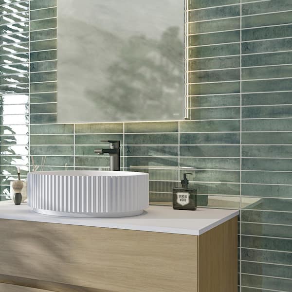 Take Home Tile Sample-Stella Emerald 2 in. x 10 in. Green Glossy   Ceramic Subway Wall Tile