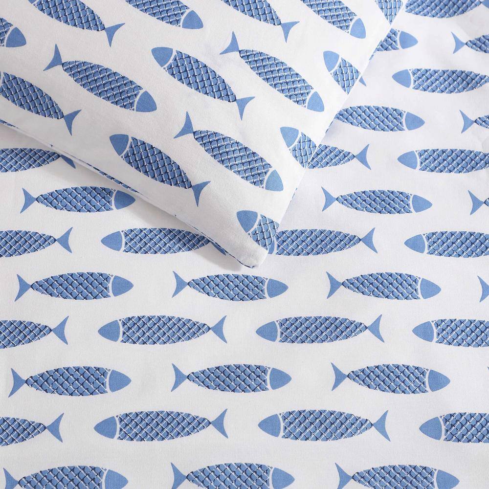 Nautical Blue Fish Cotton Queen Bedspread Cover Set