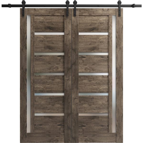 Assemble Required 36 in. x 84 in. 2 Panel Frosted Glass Cognac Oak Solid Wood Sliding Barn Door with Hardware Kit