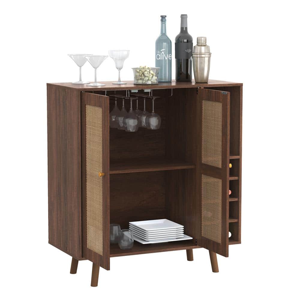 Walnut Mid-Century Modern Bar Cabinet with Rattan Panels