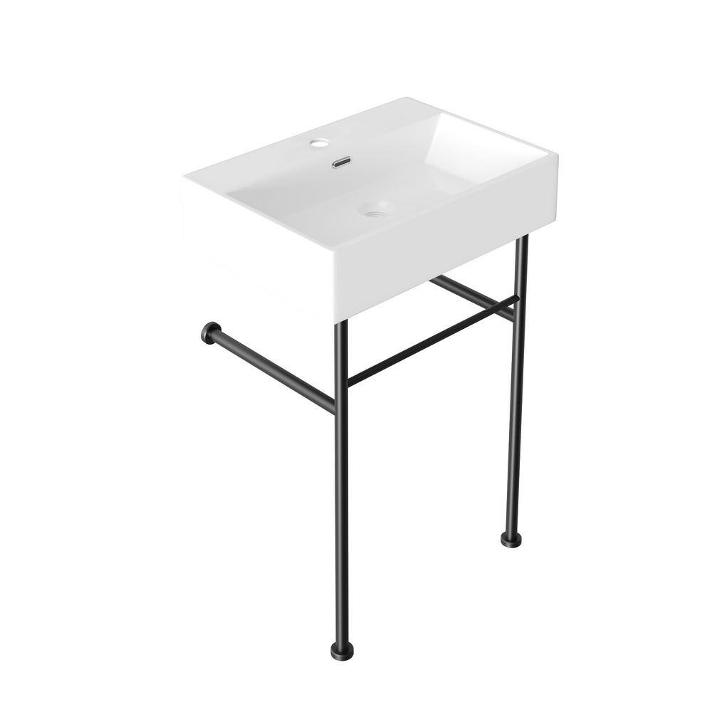 24" White Ceramic Console Bathroom Sink with Black Legs
