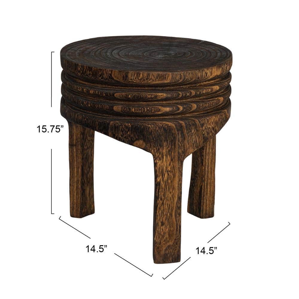 Charred Brown Hand-Carved Paulownia Wood Accent Stool