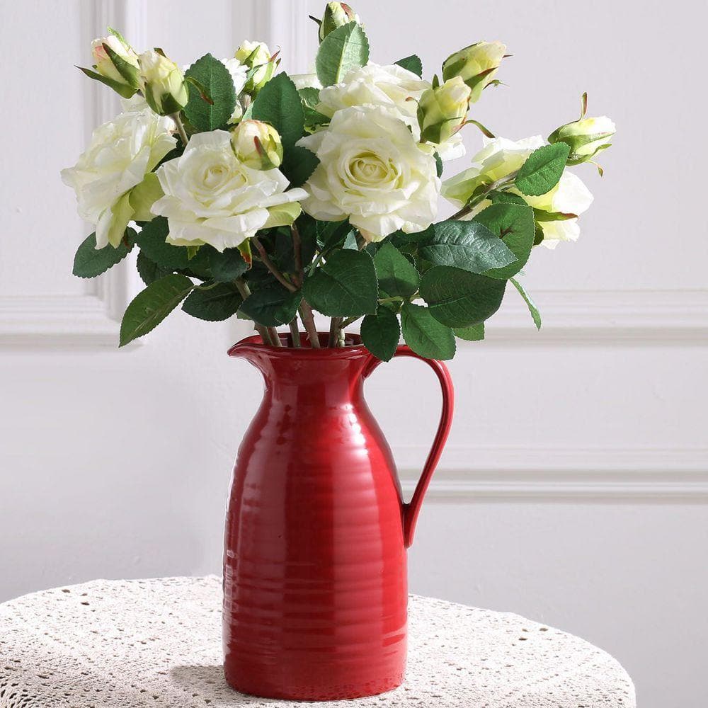 Farmhouse Pitcher Vase for Flowers, Ceramic Pitcher Vase Red