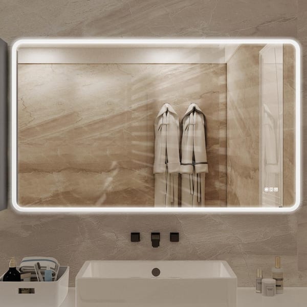 WELLFOR 60 in. W x 36 in. H Rectangular Framed Dimmable Anti-Fog LED Wall Bathroom Vanity Mirror in Matte White, Lighted Mirror