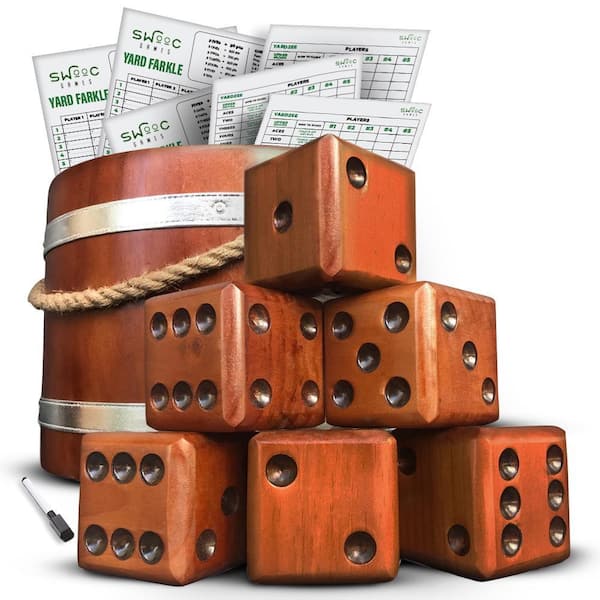 Yardzee, Farkle & 20+ Games - Light-Weight Yard Dice Game Set (All Weather) with Wood Bucket, 5 Score Cards, and Marker