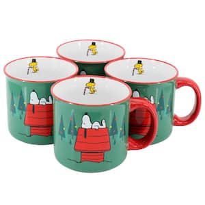 Snoopy Christmas 4-Piece 21 oz. Stoneware Camper Mug Set in Green and Red