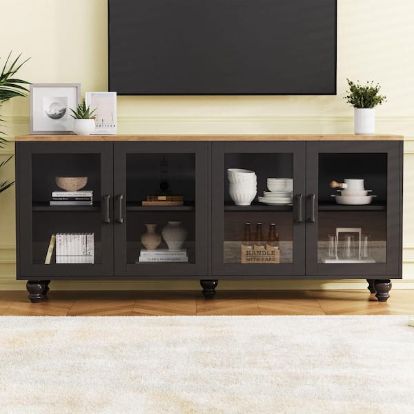 Florian 62.9 in. Black & Natural TV Stand Fits TVs up to 70 in. with Adjustable Shelves and Tempered Glass Doors