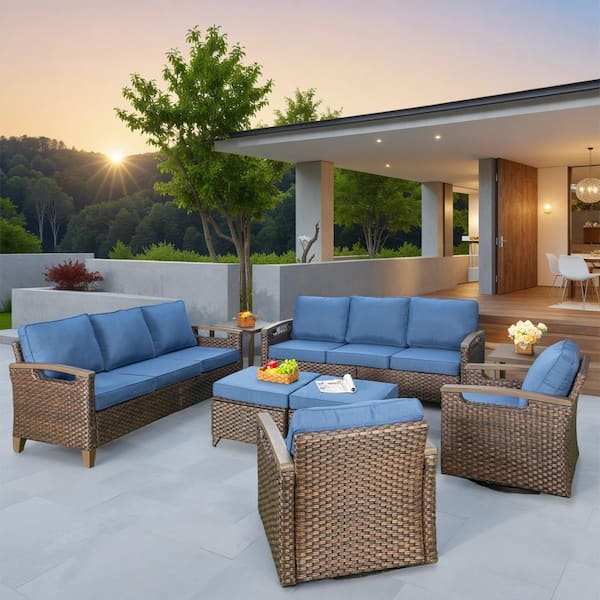 Nyajiah 8-Piece Wicker Patio Conversation Set with Blue Cushions