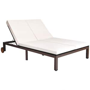 2-Person Adjustable Wicker Outdoor Chaise Lounge with White Cushion and Wheels