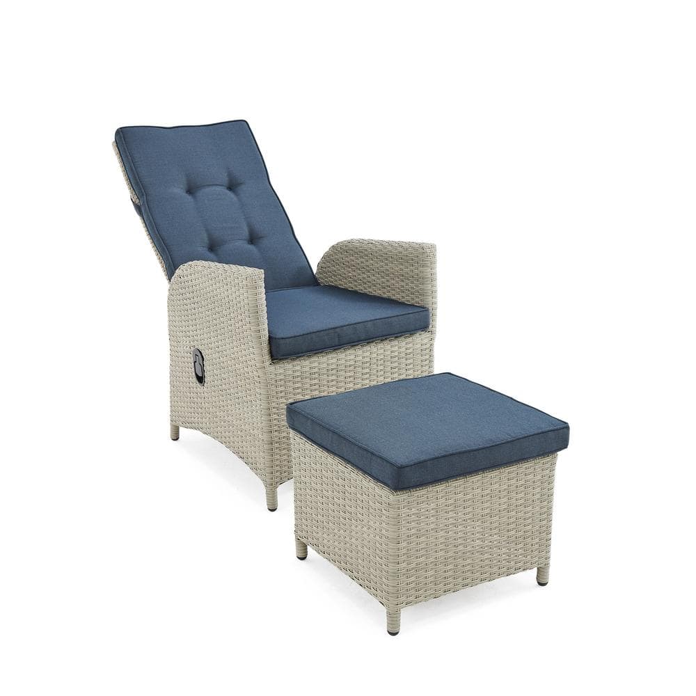 Haven 5-Piece Gray Wicker Recliner Set with Blue Cushions