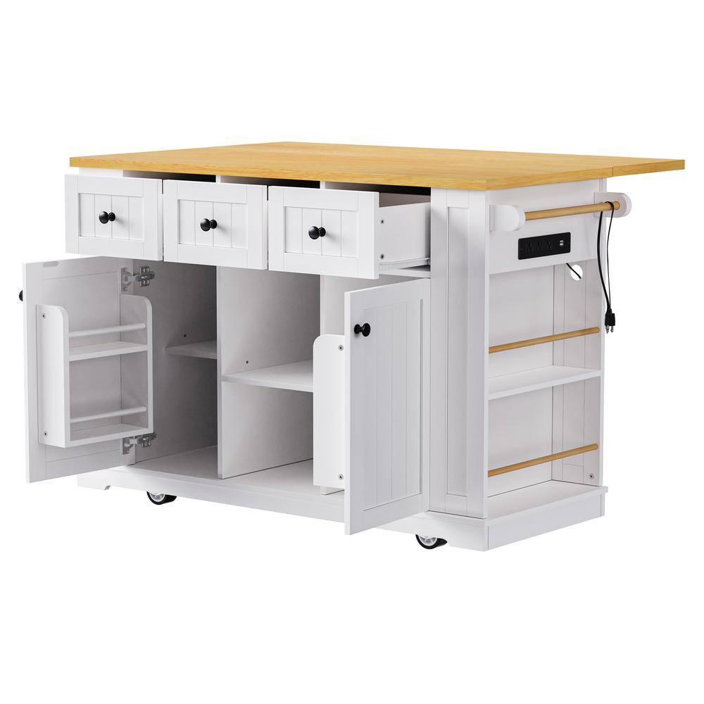 White Wood 53" Kitchen Island with Drop Leaf and Power Outlet